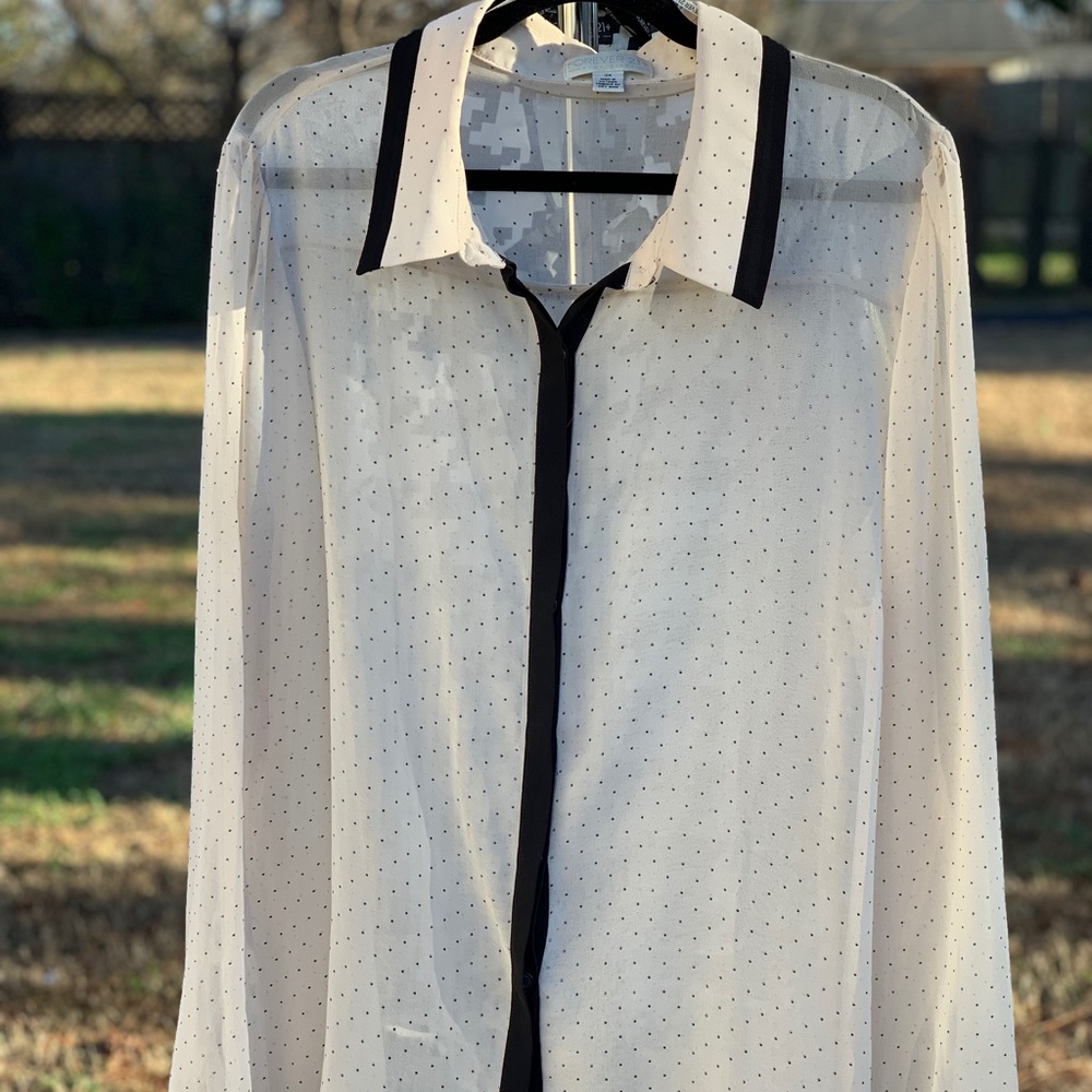 White see through blouse with black cuff detail